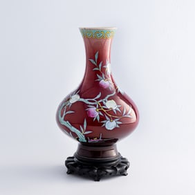 A Chinese red-glazed color-enameled shang vase, 19th century