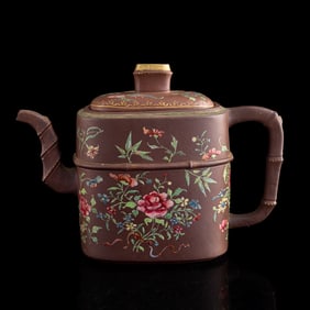A Chinese enamel-decorated bamboo-form zisha teapot, 18th century