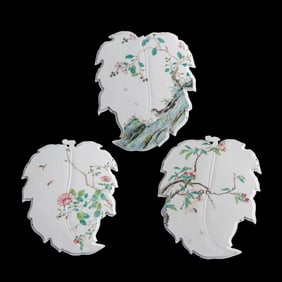 Three Chinese leaf-shaped famille rose plaques, Qing dynasty