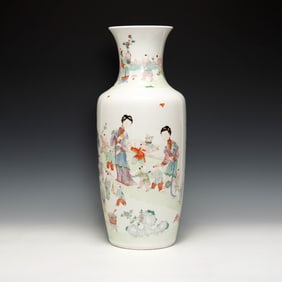 A Chinese famille rose 'court lady' and 'boy' vase, Yongzheng period, Qing dynasty