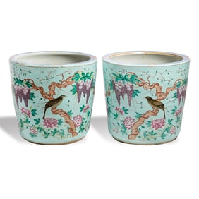 A pair of Chinese 'Dayazhai'-style green-ground famille rose planters, late 19th century