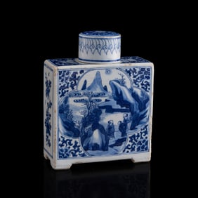 A Chinese blue and white 'landscape' tea canister, Kangxi period, Qing dynasty