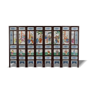 A Chinese blue and famille rose eight-panel screen, late 19th century