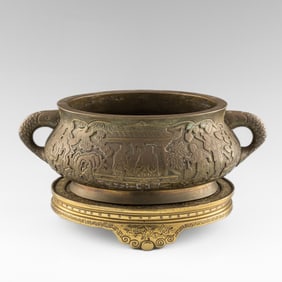 A Chinese bronze ‘figural’ and ‘pavilion’ censer, 18th/19th century