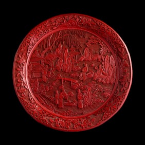 A Chinese cinnabar 'landscape' and 'figural' plate, late 19th century