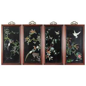 Four Chinese precious stone-inlaid hanging screens, 20th century