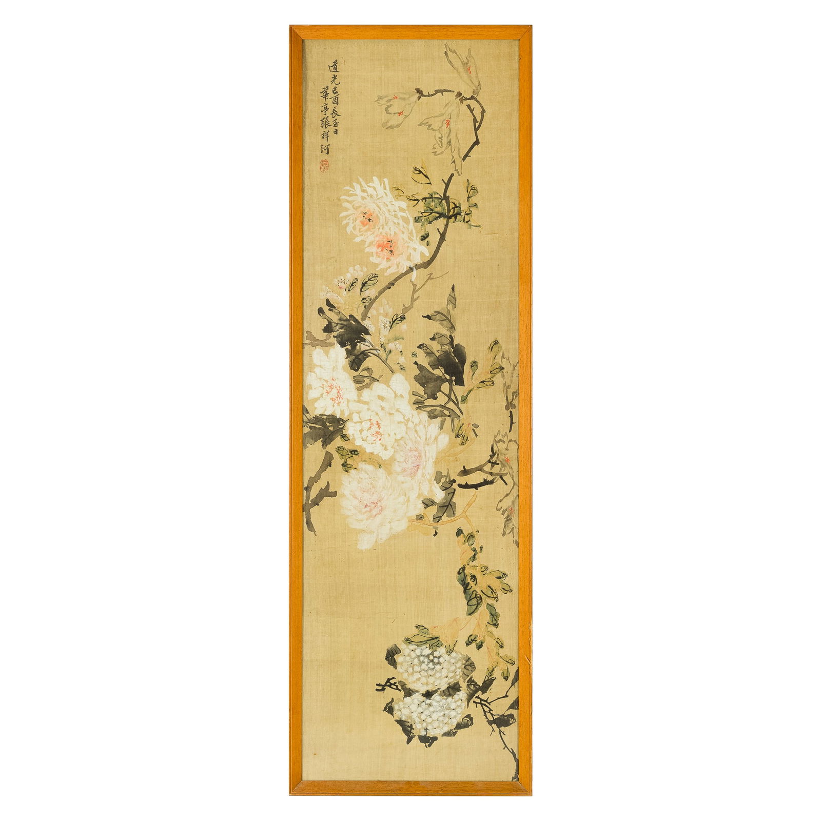 A Chinese 'flower' painting on silk, by Zhang Xianghe (Chinese, 1785-1862), 1825: A Chinese 'flower' painting on silk by Zhang Xianghe (Chinese, 1785-1862), 1825 With date, signature and one seal; framed. Overall dimensions: H: 53 1/8, W: 16 7/8 in. (H: 134.94, W: 42.86 cm.) Privat