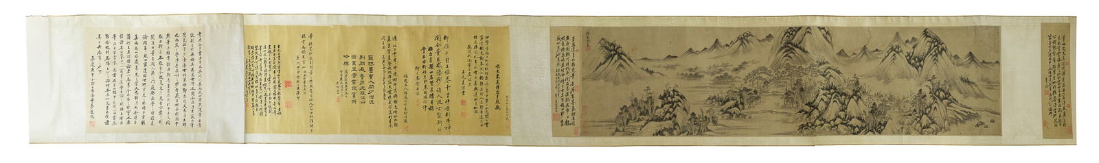 A Chinese 'landscape' painting and calligraphy scroll, attributed to Juran (the late Five Dynasties (1 of 8)