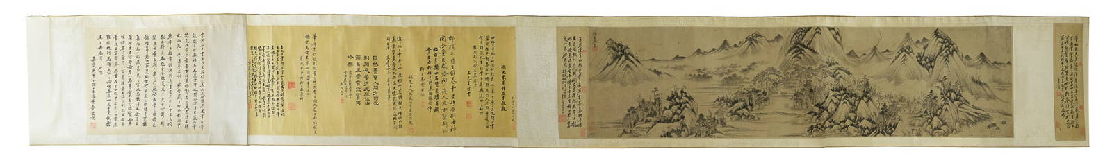 A Chinese 'landscape' painting and calligraphy scroll, attributed to Juran (the late Five Dynasties: A Chinese 'landscape' painting and calligraphy scroll attributed to Juran (the late Five Dynasties and Ten Kingdoms and early Northern Song periods) With two large calligraphies; painting with inscrip