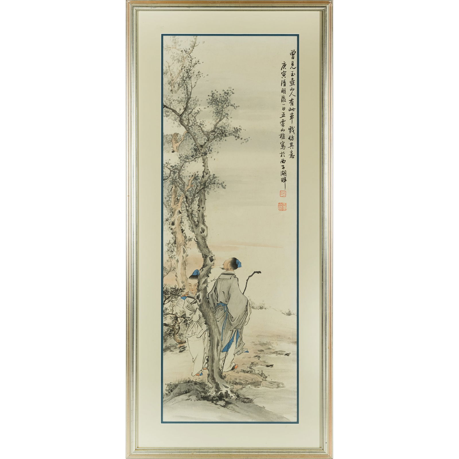 A Chinese 'scholar' painting, by Wu Yun Shan Qiao (Chinese): A Chinese 'scholar' painting by Wu Yun Shan Qiao (Chinese) The painting has an inscription and two seals, and it is matted and framed. Sight dimensions: H: 37, W: 12 1/2 in. (H: 93.98, W: 31.75 cm.) O