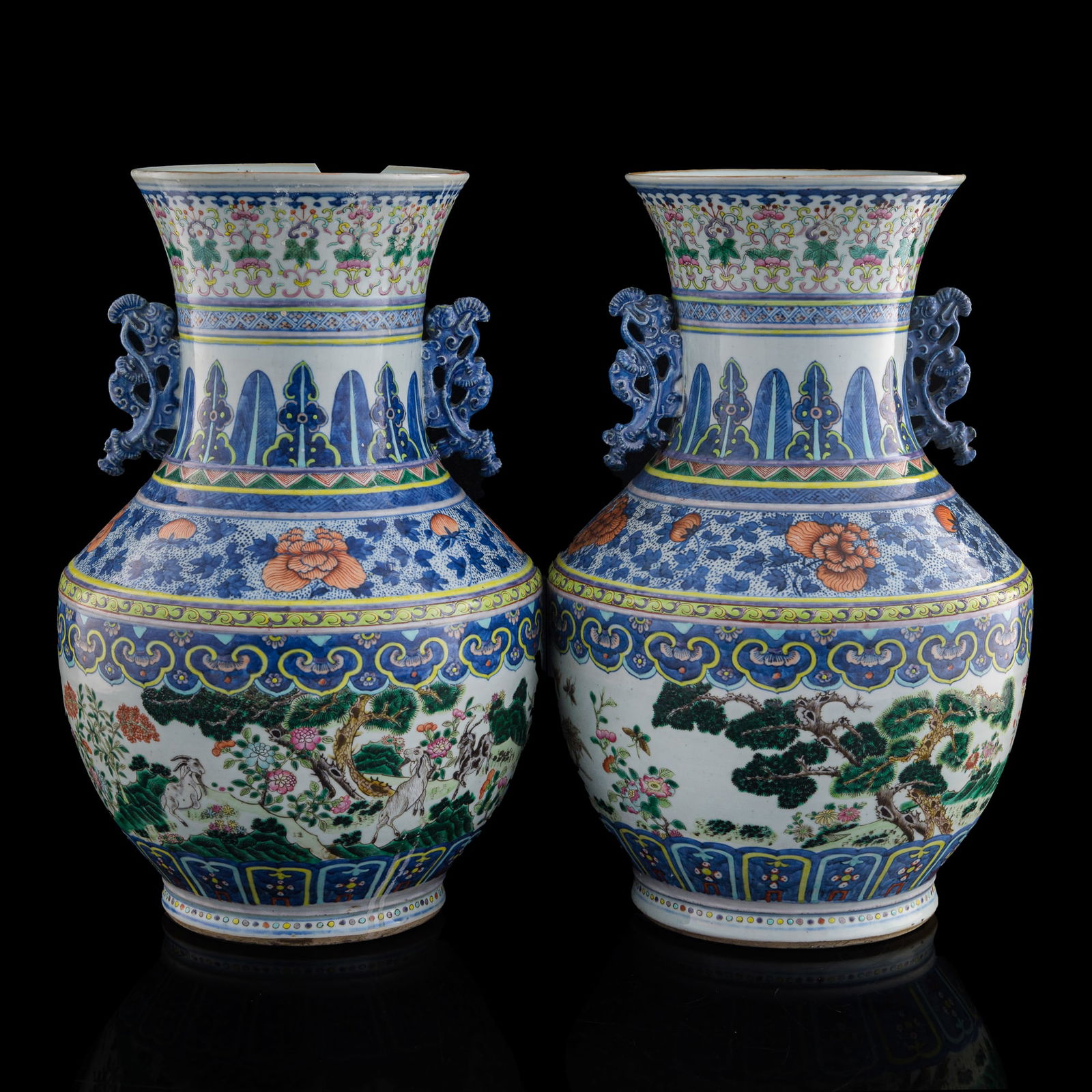 A pair of Chinese blue and enamel-decorated 'three goat' vases, 19th century (1 of 10)