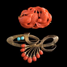 Two Chinese coral-decorated brooches