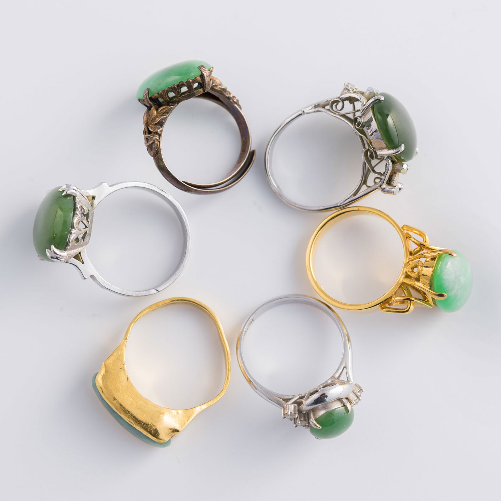 Three Chinese spinach jade and three jadeite rings (1 of 9)