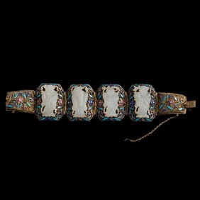 A Chinese jade-inlaid silver enamel bracelet, 19th century