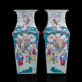 A pair of Chinese famille rose 'figural' square vases, 19th century