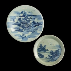 Two Chinese celadon-ground blue and white plates, late 18th century