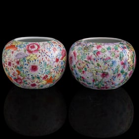 Two Chinese famille rose 'mille fleur' brush washers, Republic period