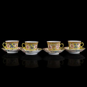 Four sets of yellow-ground famille rose cups with saucers, Guangxu period, Qing dynasty
