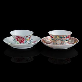 Two sets of Chinese export famille rose cups and saucers, Yongzheng period, Qing dynasty
