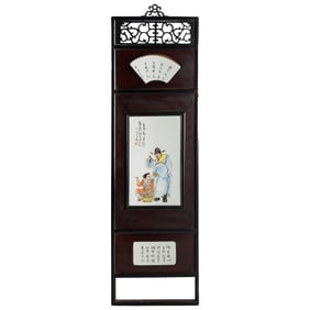 A Chinese wood panel with famille rose porcelain plaques, Republic period