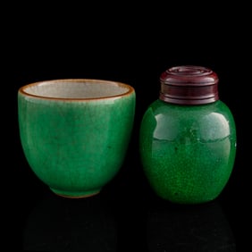 A Chinese green-glazed jar and bell-form cup, 19th century