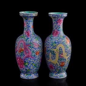 A pair of Chinese famille rose 'dragon' vases, Republic period