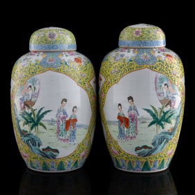 A pair of Chinese famille rose 'figural' covered jars, Republic period