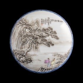 A Chinese famille rose 'landscape' seal paste box, by Wan Yunyan, Republic period