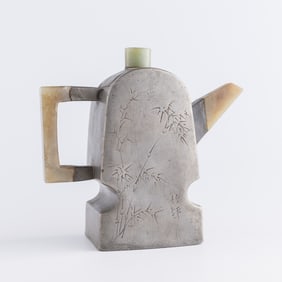 A Chinese pewter encased zisha 'bamboo' and 'poem' teapot, 19th century
