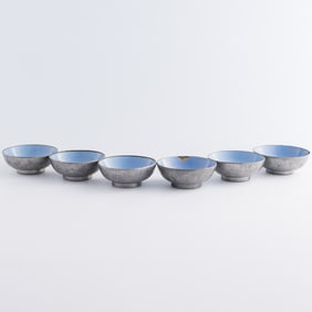 Six Chinese pewter encased zisha cups, 19th century