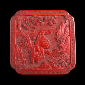 A Chinese square cinnabar 'figural' box, 19th century