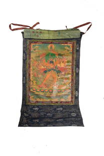 A Tibetan thangka, 19th century: A Tibetan thangka 19th century The thangka features the deity Kalacakra with the consort Visvamata and one attendant. Sight dimension: H: 30, W: 21 in. (H: 76.20, W: 53.30 cm.) From a collection in So