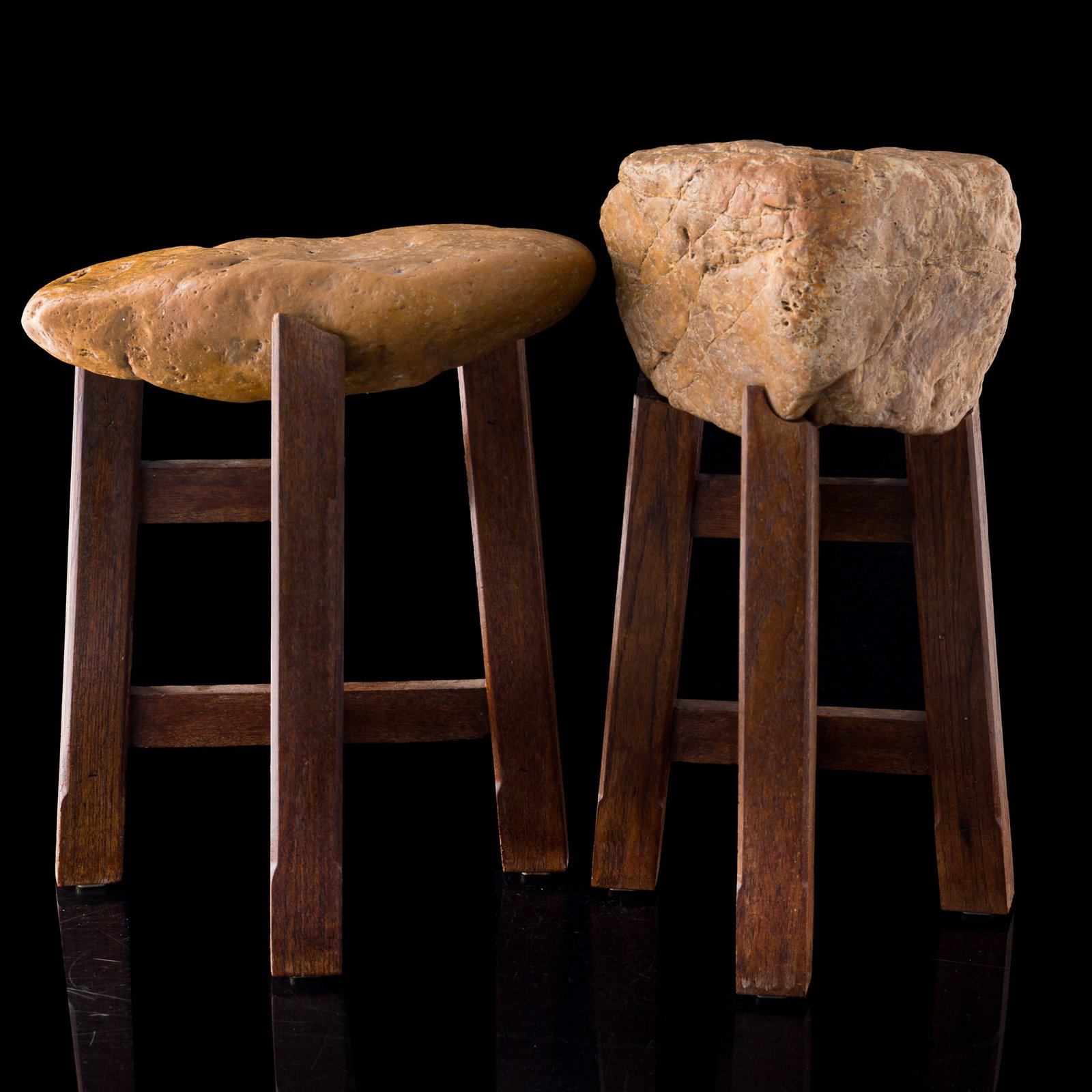 Two Chinese Huangla stones, 19th century: Two Chinese Huangla stones 19th century Sold with two associated wooden stands. (2). H: 8, W: 12 1/4, D: 9 in. (H: 20.32, W: 31.12, D: 22.86 cm. (thickest)) From Mrs. Tang in Sarasota, Florida. Inheri