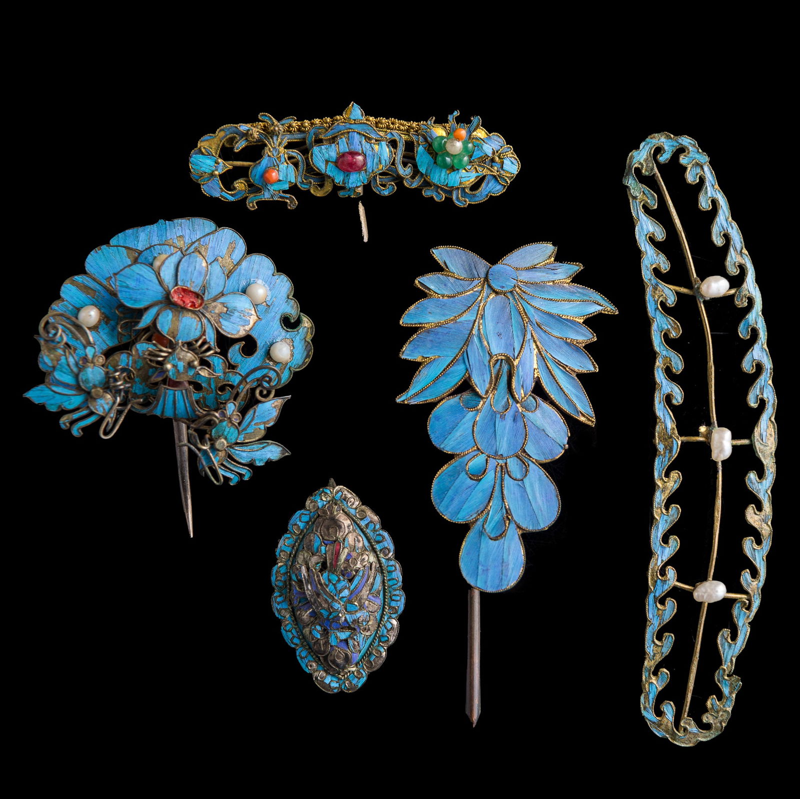 Five Chinese kingfisher headwear, 19th century (1 of 7)
