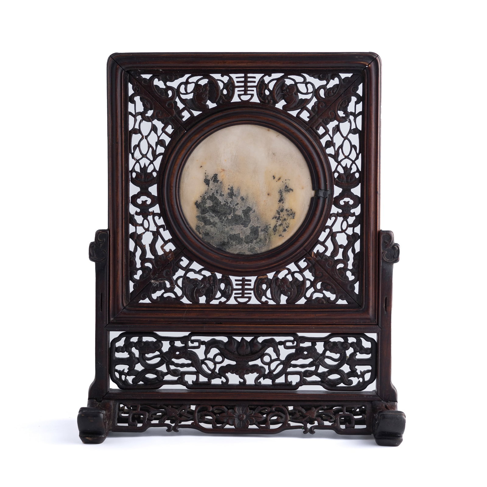 A Chinese marble-inserted hardwood table screen, 19th century: A Chinese marble-inserted hardwood table screen 19th century Marble's black natural inclusions gradually spread from its bottom. Overall dimensions: H: 15 3/4, W: 13 1/8, D: 4 3/4 in. (H: 40.01, W: 33