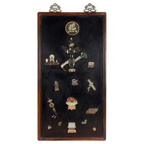 A Chinese precious stone-inlaid hardwood panel, Republic period or earlier
