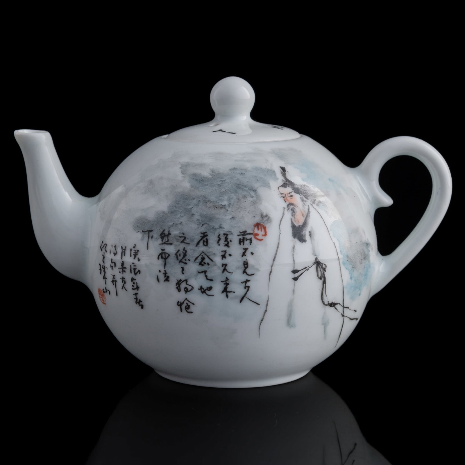 A Chinese famille rose 'scholar' teapot, Contemporary: A Chinese famille rose 'scholar' teapot Contemporary Sold with associated box. H: 3 7/8, W: 3 5/8, D: 5 1/2 in. (H: 9.84, W: 9.21, D: 23.37 cm.) From Mr. Brow, Honolulu, Hawaii.