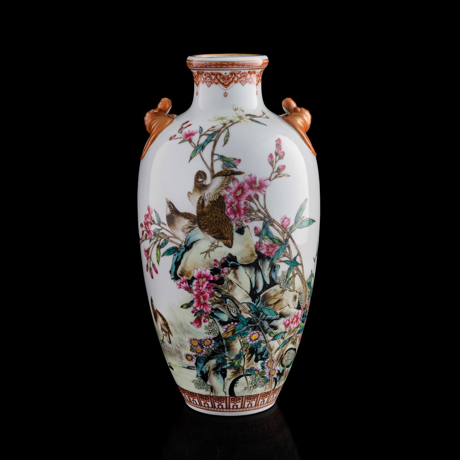 A Chinese famille rose 'flower and bird' vase, 1950s-1960s: A Chinese famille rose 'flower and bird' vase 1950s-1960s With two bat handles to body. Sold with associated box. H: 13, Dia: 5 1/2 in. (H: 33.02, Dia: 13.97 cm.) Private collection, Howell, New Jerse