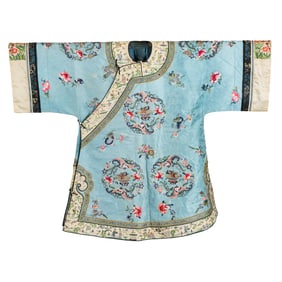 A Chinese blue-ground silk 'floral' lady's robe, 19th century