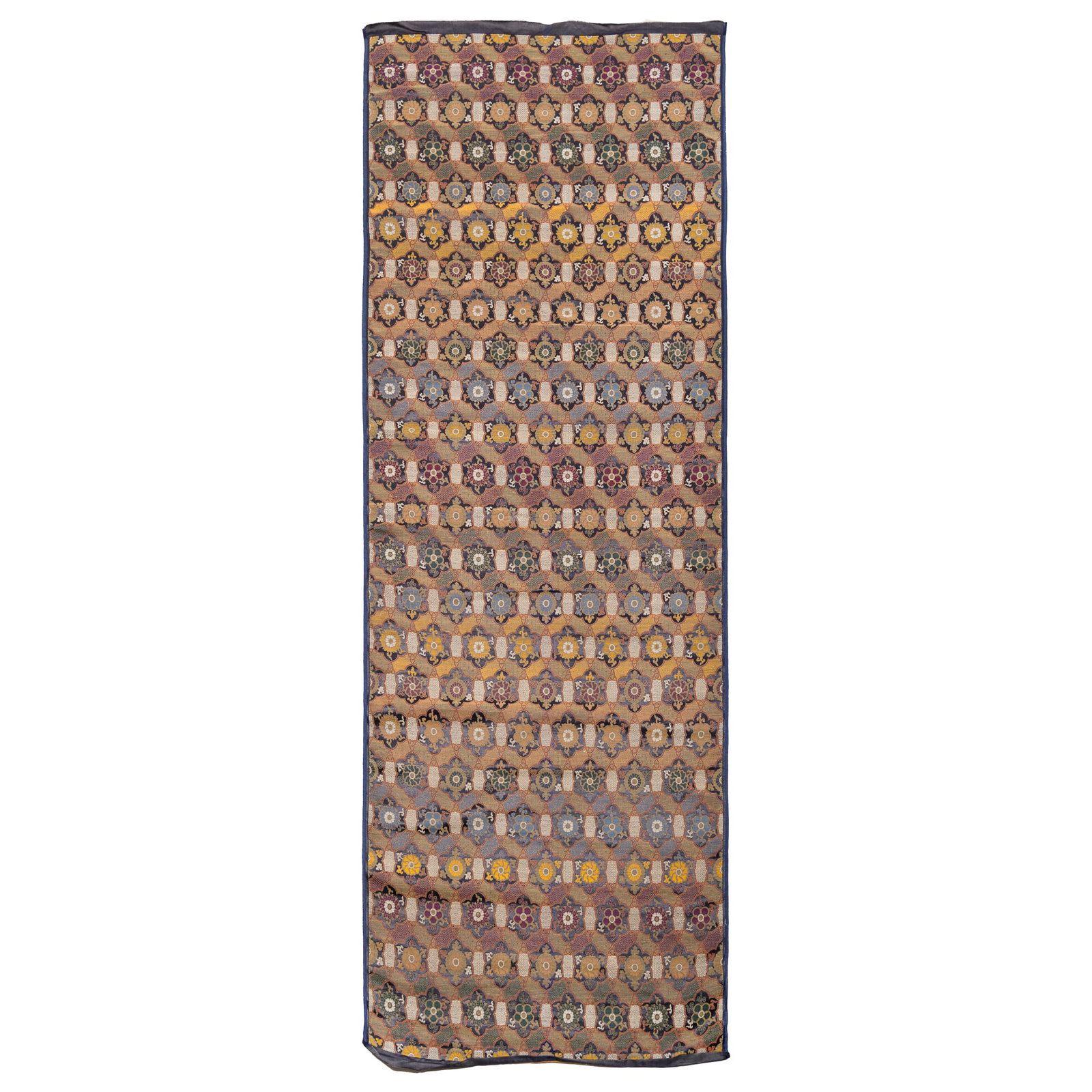 A bolt of Chinese brocaded satin, late 19th century: A bolt of Chinese brocaded satin late 19th century Decorated with geometric interlocking 'brocade patterns' throughout. H: 77 1/2, W: 29 in. (H: 196.85, W: 73.66 cm.) Collection of Mrs. Chung, Chicago