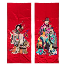 Two Chinese red-ground embroidery pieces, late 19th century