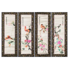 Four Chinese silk 'flower and bird' panels, Republic period