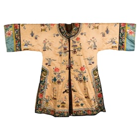 A Chinese embroidered 'hundred antiques' lady's robe, 19th century