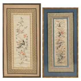 Two Chinese 'flower and bird' and 'landscape' embroideries, late 19th century