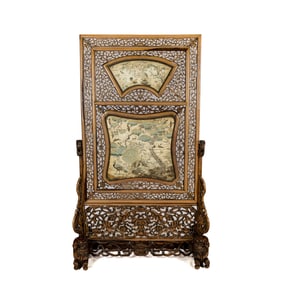 A Chinese hardwood screen with Cantonese embroideries, 19th century