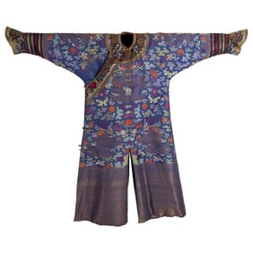 A Chinese blue-ground brocade winter dragon robe, 19th century