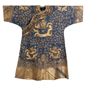 A Chinese blue-ground gold-thread embroidered dragon robe, 19th century