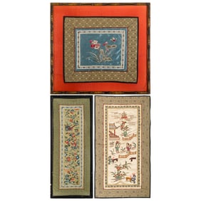 Three Chinese 'flower' and 'figure' embroideries, late 19th century