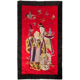 A Chinese embroidered 'Magu and Shou' panel, late 19th century