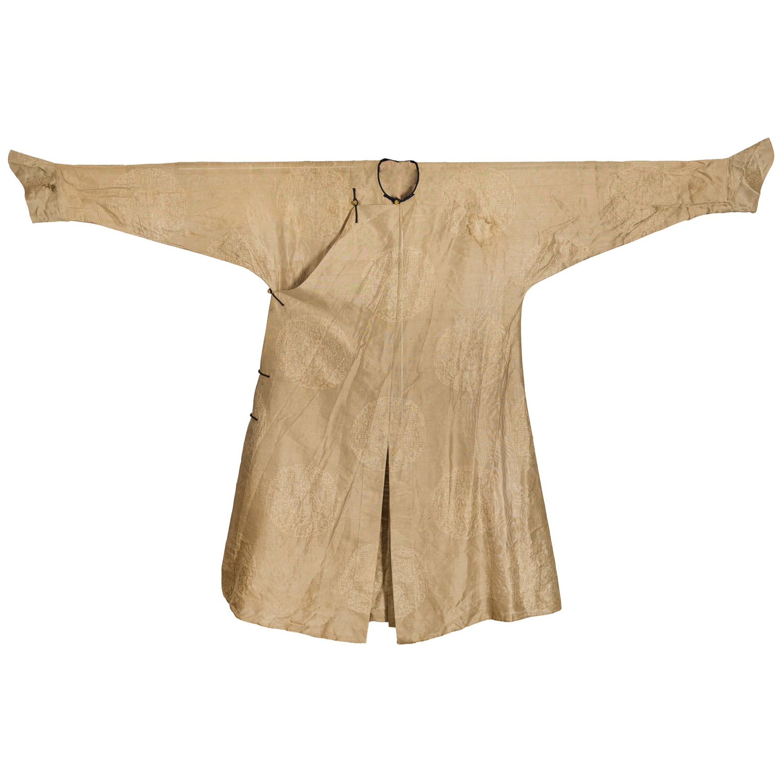 A Chinese gold-ground sheer fabric robe, early 19th century: A Chinese gold-ground sheer fabric robe early 19th century Decorated with subtle patterns. H: 55 5/8, W: 85 1/4 in. (H: 141.29, W: 216.54 cm.) Private collection, Pennsylvania.